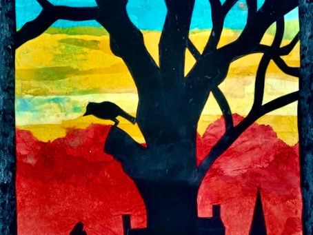 Bird on tree silhouette. Cut black card and coloured tissue. 2020.