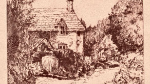 KINGSCOTE, GLOS. Cottage. Drypoint. Wick ochre on tinted paper.