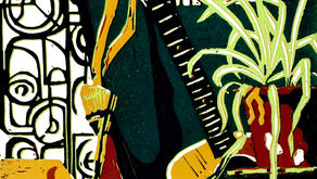 Still life. Five colour reduction linocut.