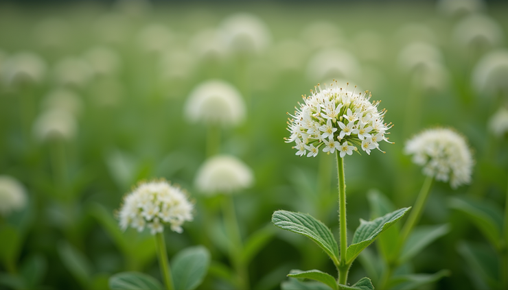 Eye-level view of fenugreek plant with green leaves and white flowers in a garden