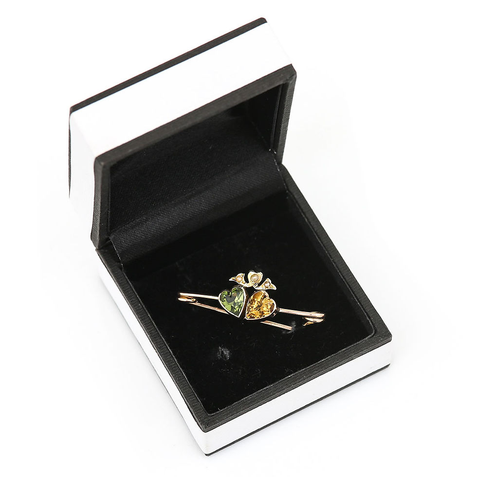 Thumbnail: Edwardian Peridot, Citrine and Pearl Twin Heart Brooch