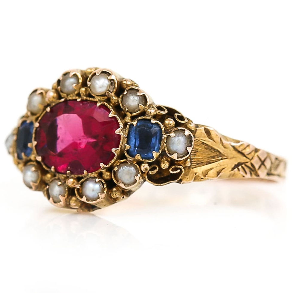 Thumbnail: Victorian 15ct Yellow Gold Red and Blue Paste and Pearl Cluster Ring