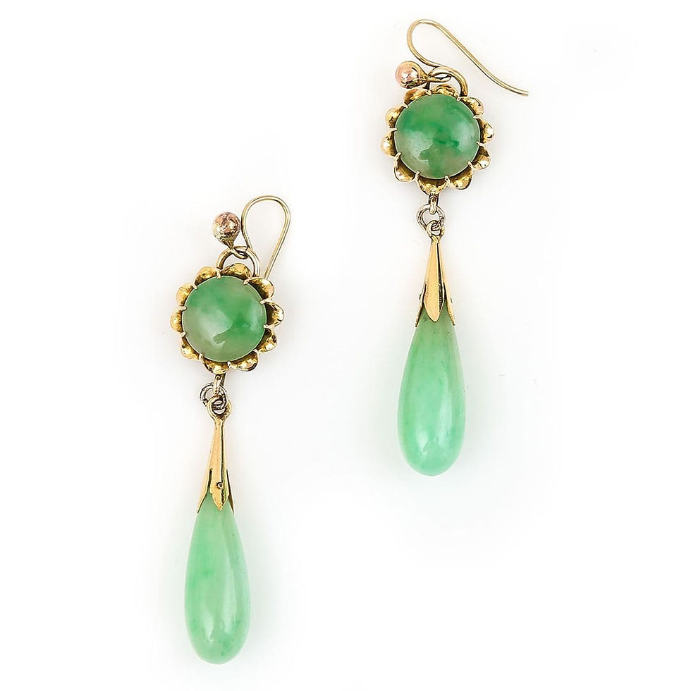 Thumbnail: Art Deco 14ct Gold Jade Drop Earrings