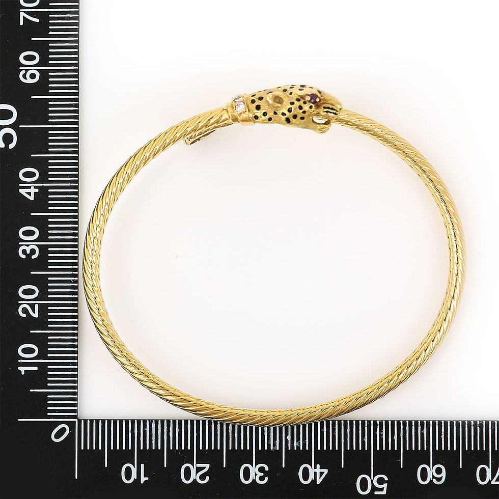 Thumbnail: Contemporary 18ct Gold Diamond, Ruby and Enamel Leopard Head Bangle