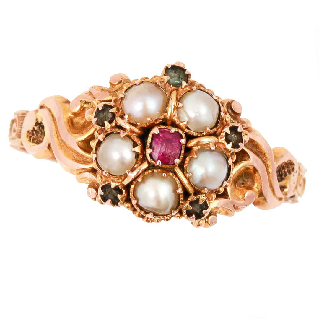 Victorian 15ct Gold Pink Sapphire, Pearl and Green Beryl Cluster Ring Circa 1866