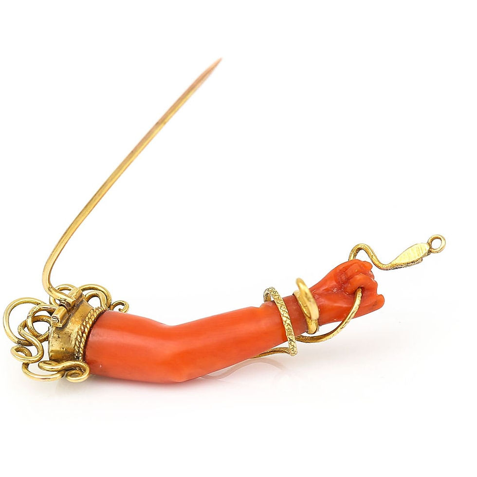 Thumbnail: Victorian 18ct Gold Coral and Turquoise Figa Hand Brooch