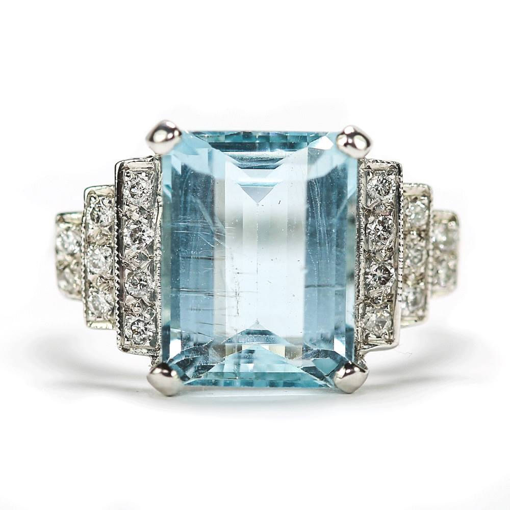 18ct White Gold Art Deco Est. 5.00 Carat Aquamarine & Diamond Cocktail Ring