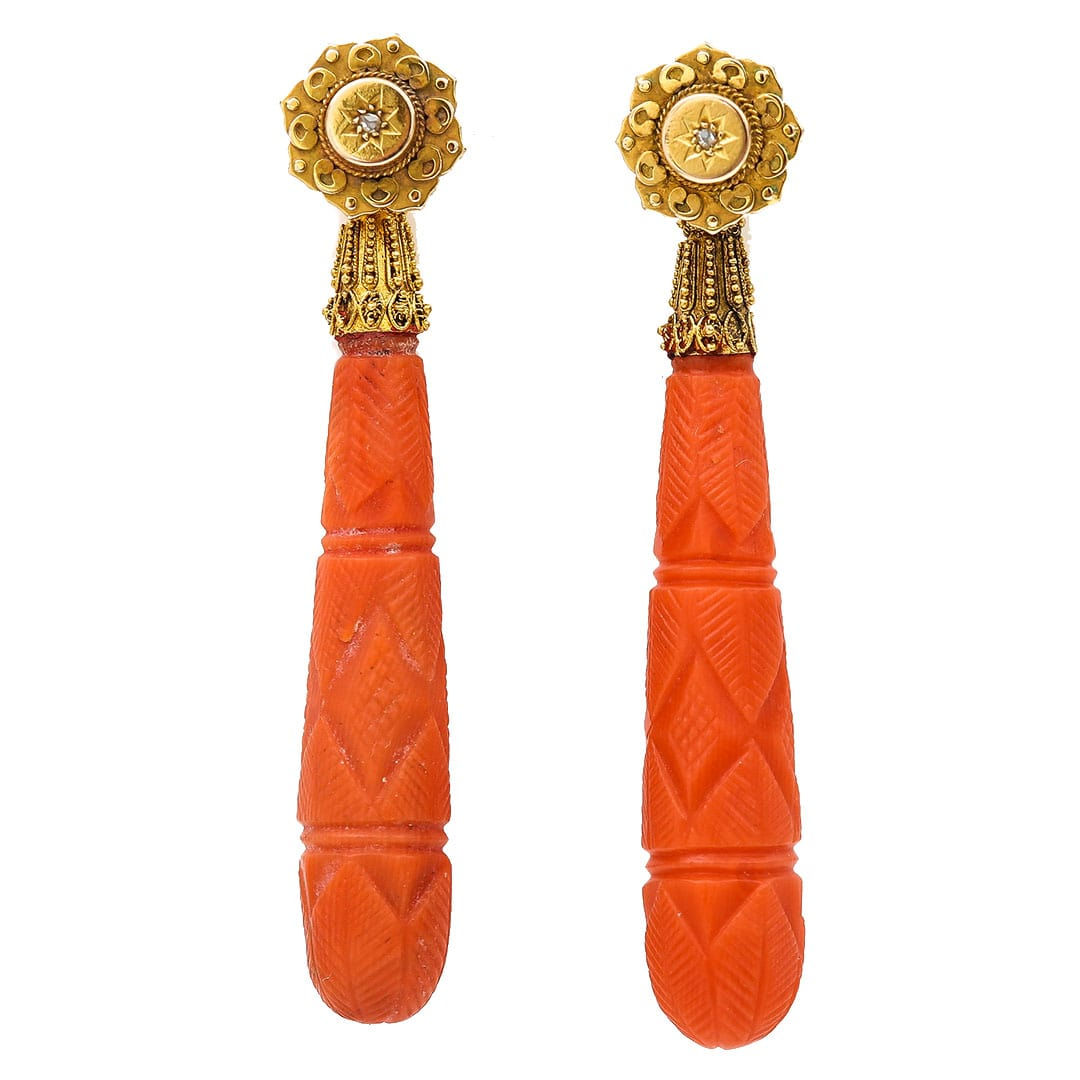 Georgian Antique Carved Coral and Diamond Drop Earrings