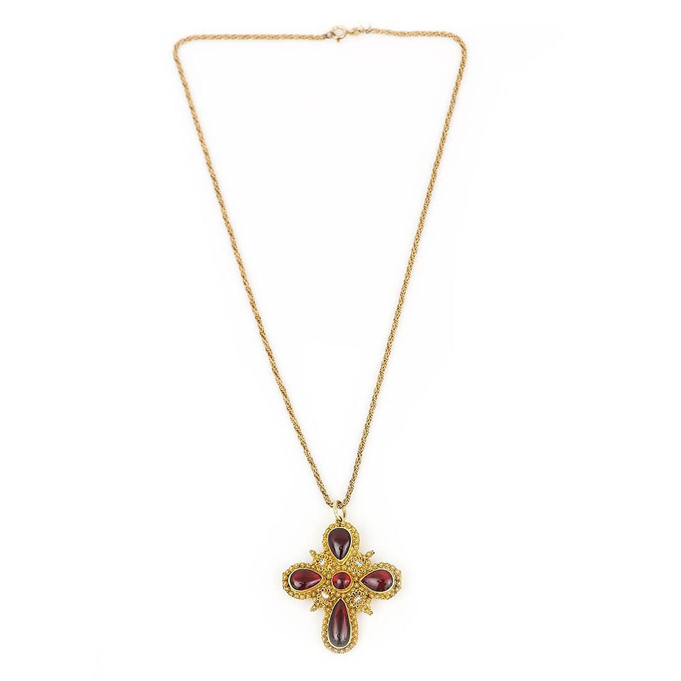 Thumbnail: Georgian 18ct Yellow Gold Garnet Cabochon and Pearl Cross Pendant, Circa 1820