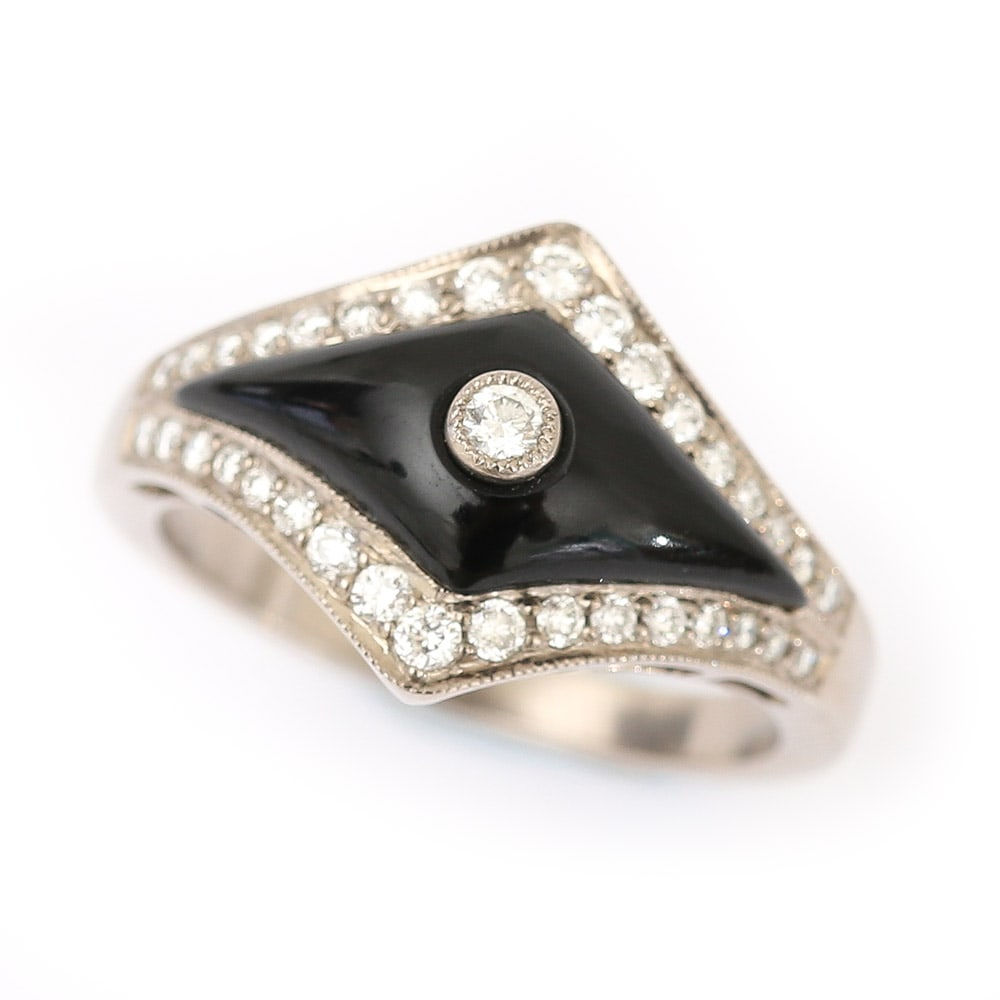 Art Deco Style 0.35ct Diamond and Onyx 18 Karat White Gold Ring