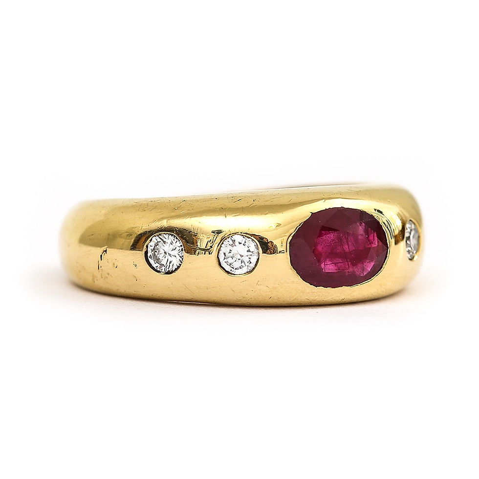 Thumbnail: Cartier Style 18 Karat Yellow Gold Ruby and Diamond Gypsy Set Ring