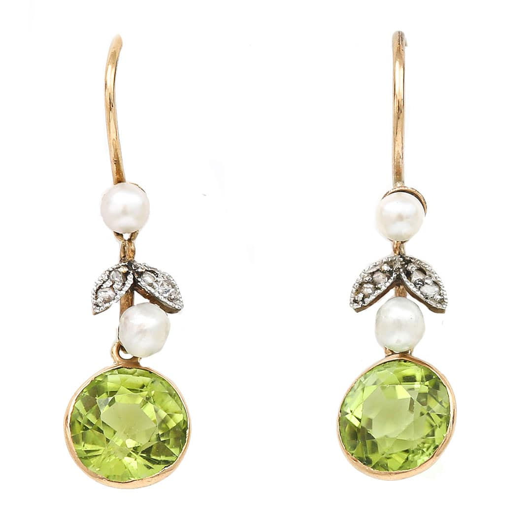 Edwardian Peridot, Rose Cut Diamond and Pearl Drop Earrings, Circa 1910
