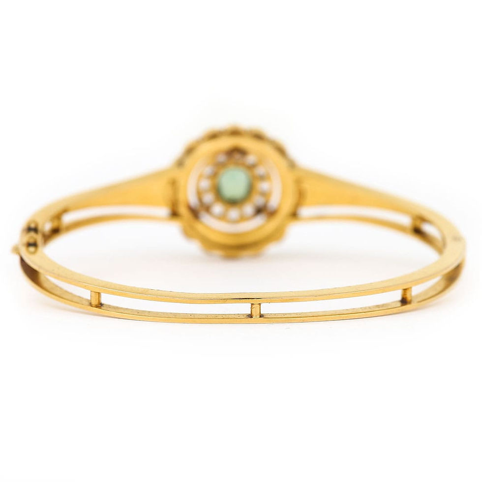 Thumbnail: Early 20th Century 18ct Yellow Gold Peridot, Diamond and Pearl Bangle