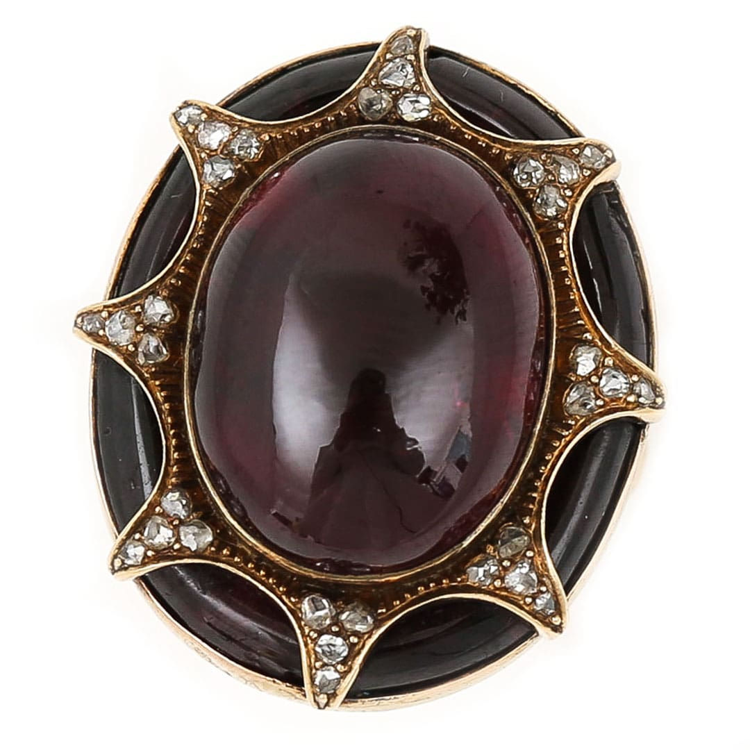 Large Victorian 18ct Gold Cabochon Garnet and Diamond Ring, Circa 1860