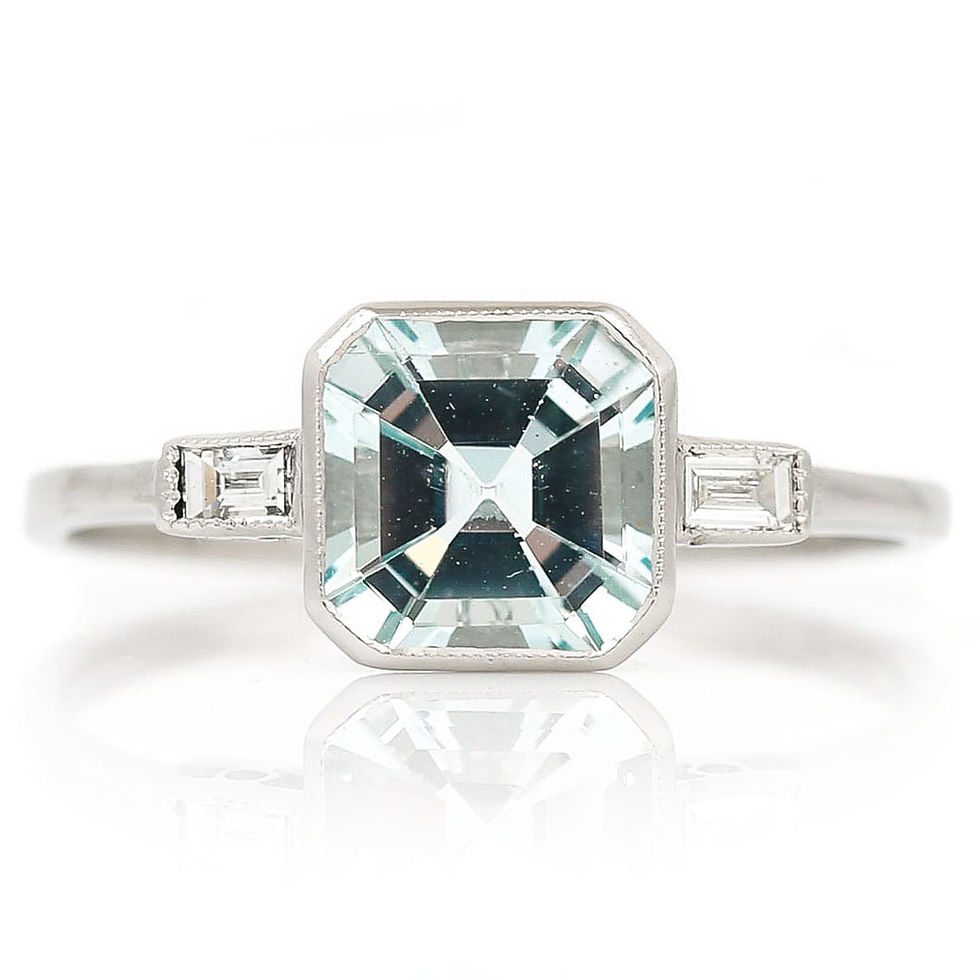 Thumbnail: Art Deco Style Platinum Fancy Square Cut Aquamarine and Baguette Diamond Ring