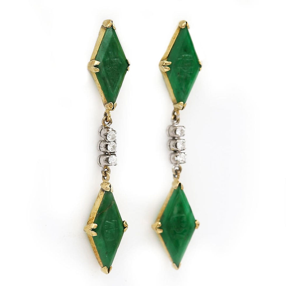 Thumbnail: Vintage 18ct Gold Carved Lozenge Jade and Diamond Drop Earrings, Circa 1970