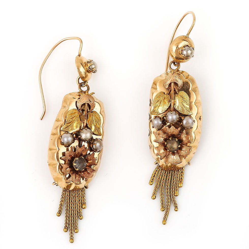 Thumbnail: Dutch Antique 14ct Yellow Rose Gold Pearl and Rhinestone Tassel Drop Earring