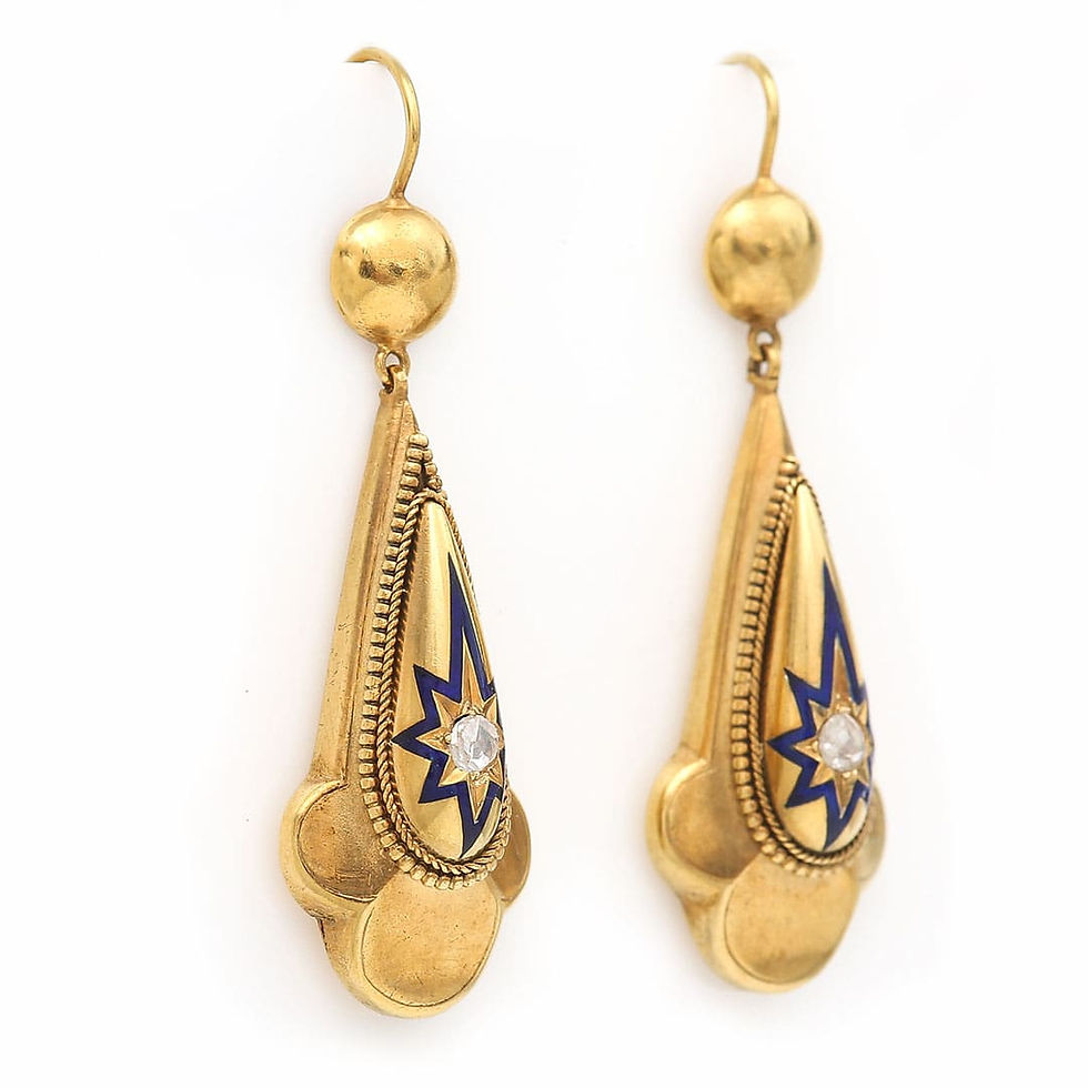 Thumbnail: Victorian 18ct yellow gold antique earrings, set with rose cut diamond and enamel