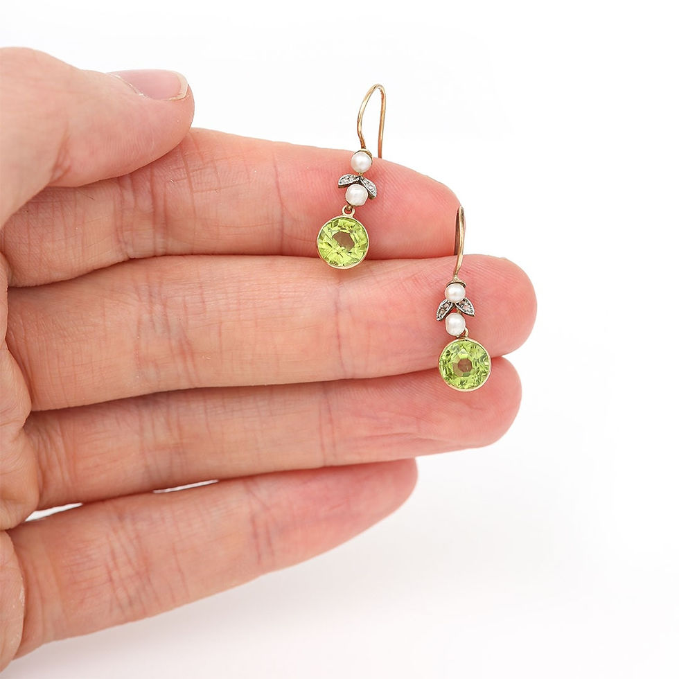 Thumbnail: Edwardian Peridot, Rose Cut Diamond and Pearl Drop Earrings, Circa 1910
