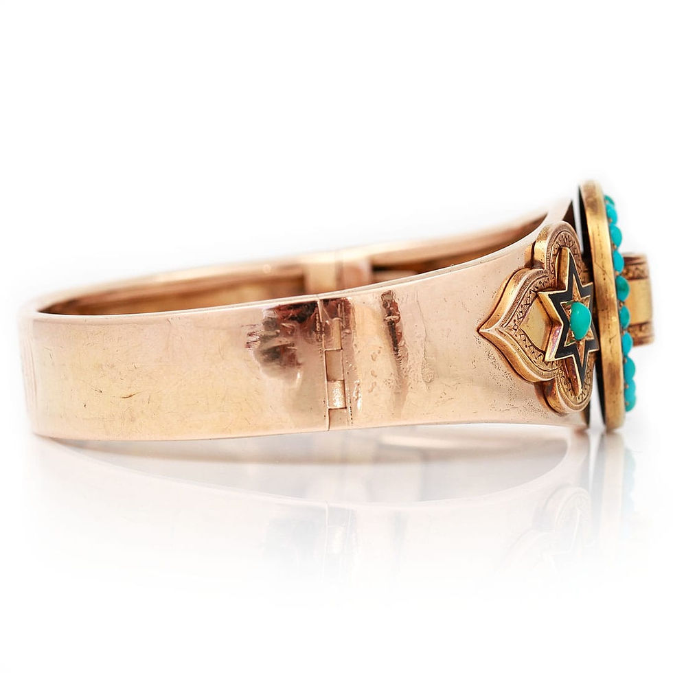 Thumbnail: Victorian 15ct Gold Turquoise and Enamel Star and Buckle Bangle Circa 1880