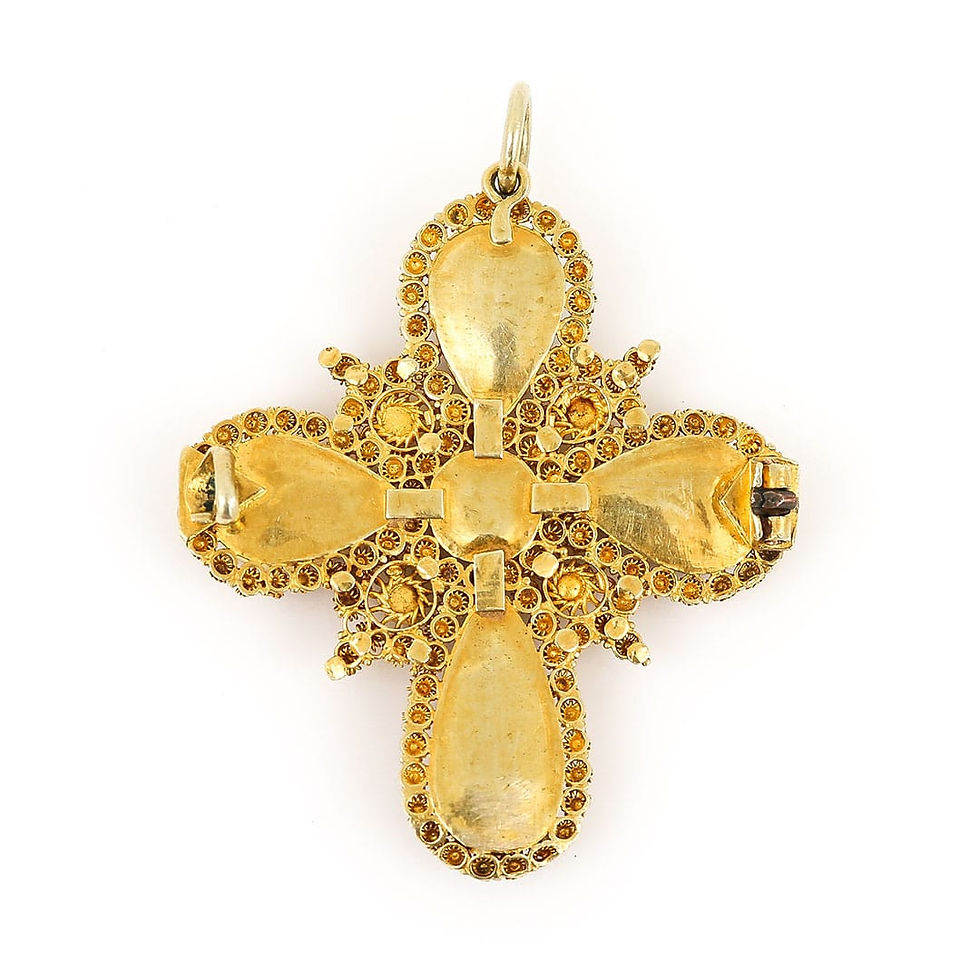 Thumbnail: Georgian 18ct Yellow Gold Garnet Cabochon and Pearl Cross Pendant, Circa 1820