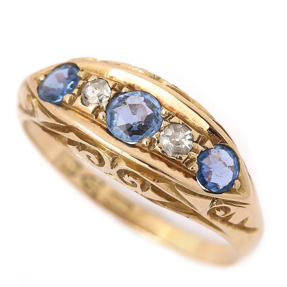 Edwardian 18ct Yellow Gold Sapphire and Diamond Five Stone Gypsy Ring Circa 1917