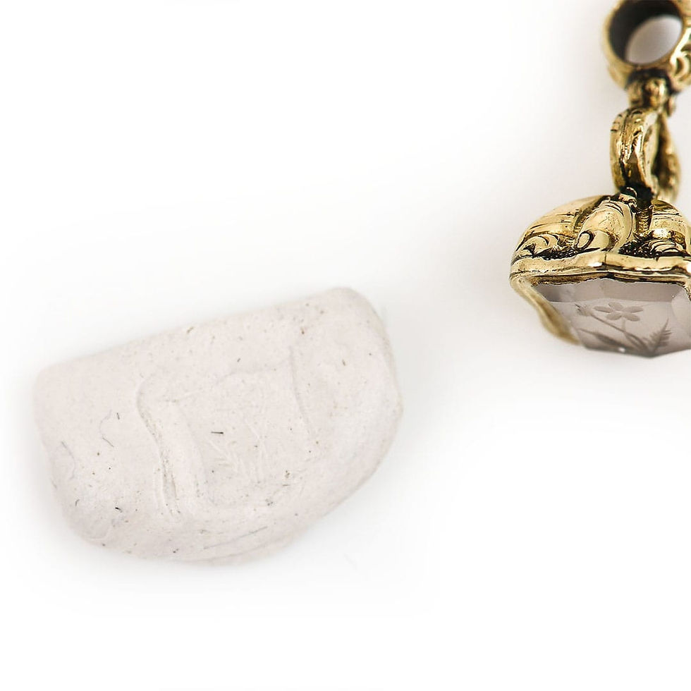 Thumbnail: Victorian Gold Mini Chalcedony Fob Seal with Carved Forget Me Not Circa 1880