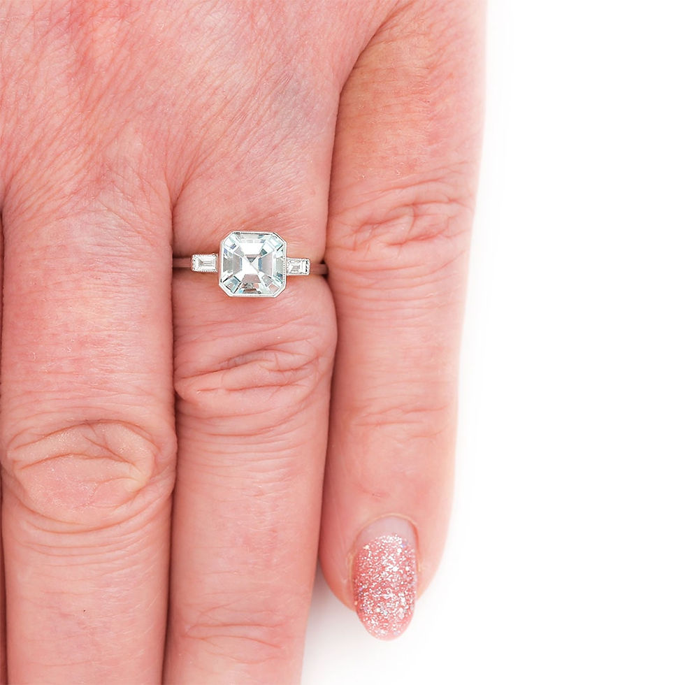 Thumbnail: Art Deco Style Platinum Fancy Square Cut Aquamarine and Baguette Diamond Ring
