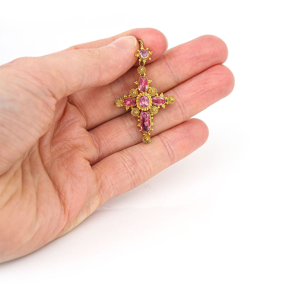 Thumbnail: Georgian Pink Topaz Canetille Cross Pendant Brooch