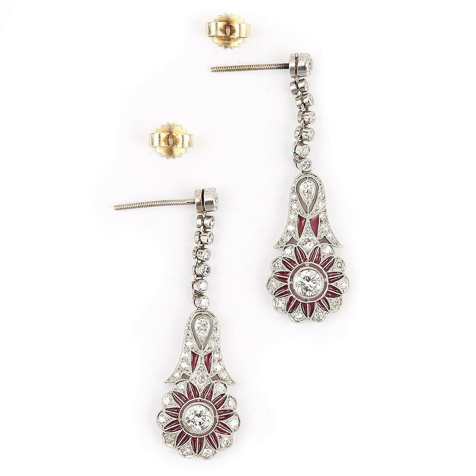 Thumbnail: Platinum Diamond and Red Pliqué a Jour Drop Earrings