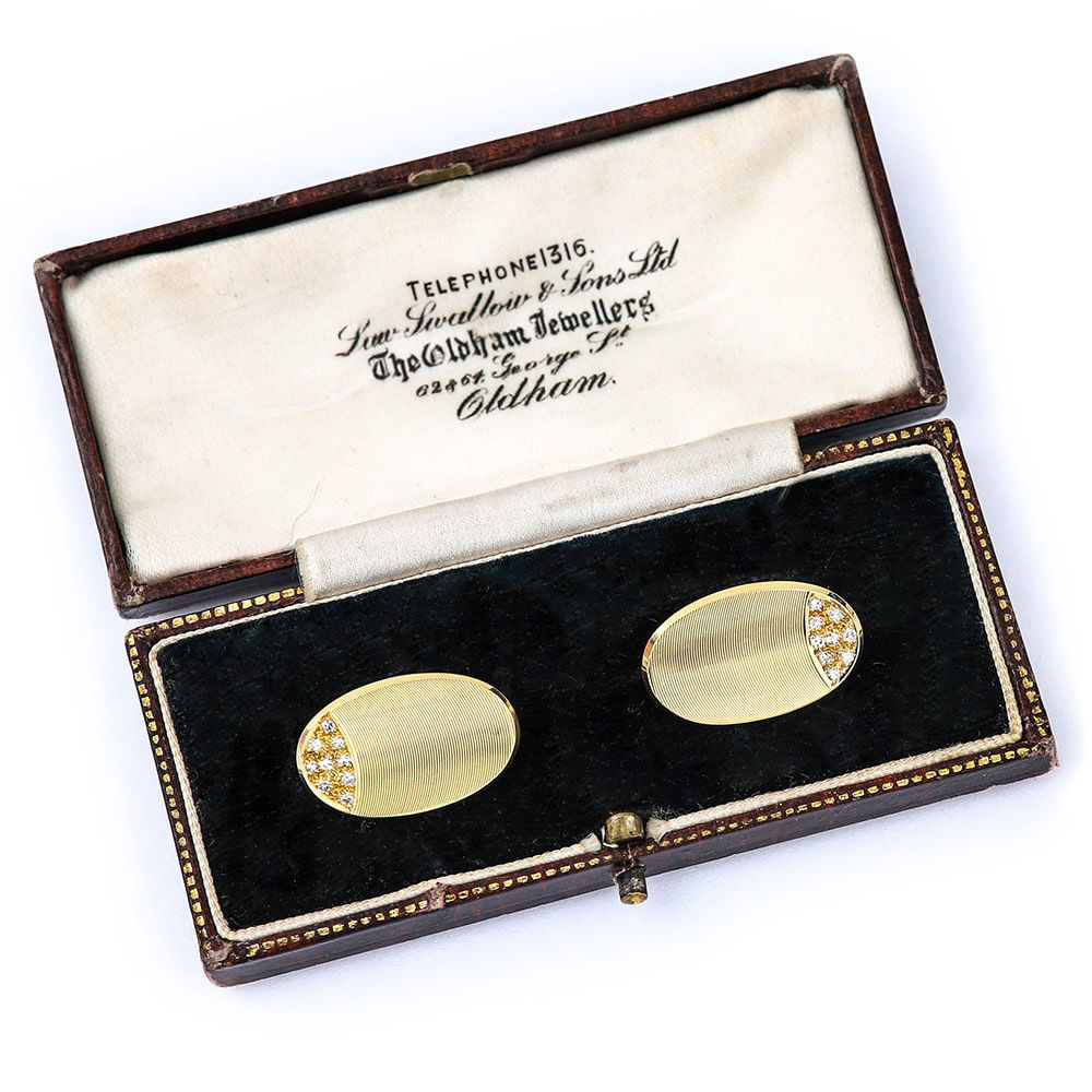 18 Karat Yellow Gold and Diamond Oval Cufflinks, English, circa 1970s, in Box