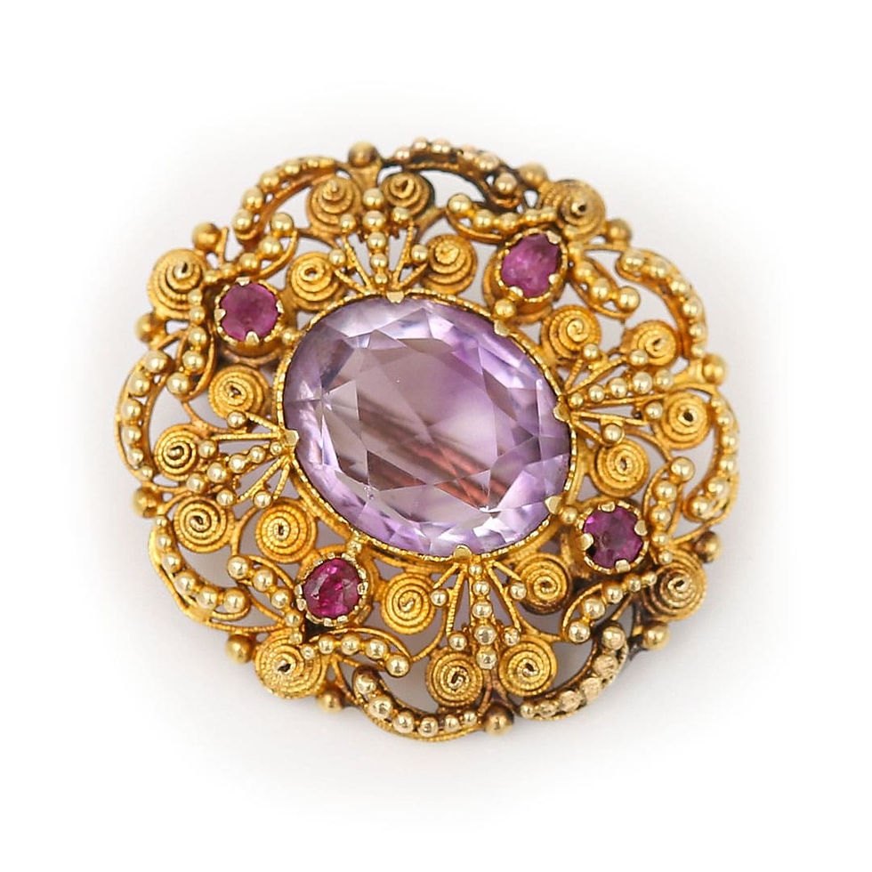 Thumbnail: Georgian 18ct Gold Amethyst and Ruby Canetille Brooch, Circa 1830