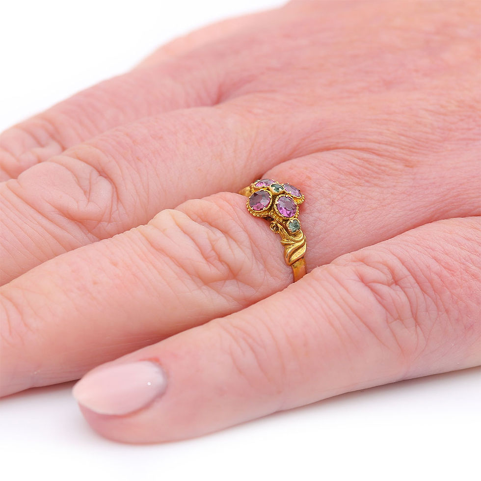 Thumbnail: Victorian 15ct Gold Emerald and Garnet Floral Cluster Ring