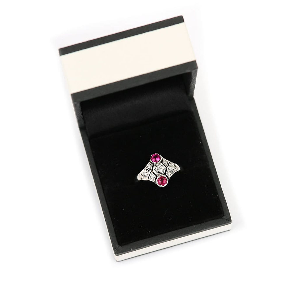 Thumbnail: Art Deco Rudy and Diamond Three Stone Ring