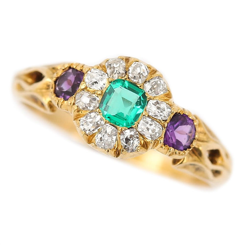 Victorian 18 Karat Emerald, Amethyst and Diamond Cluster Suffragette Ring