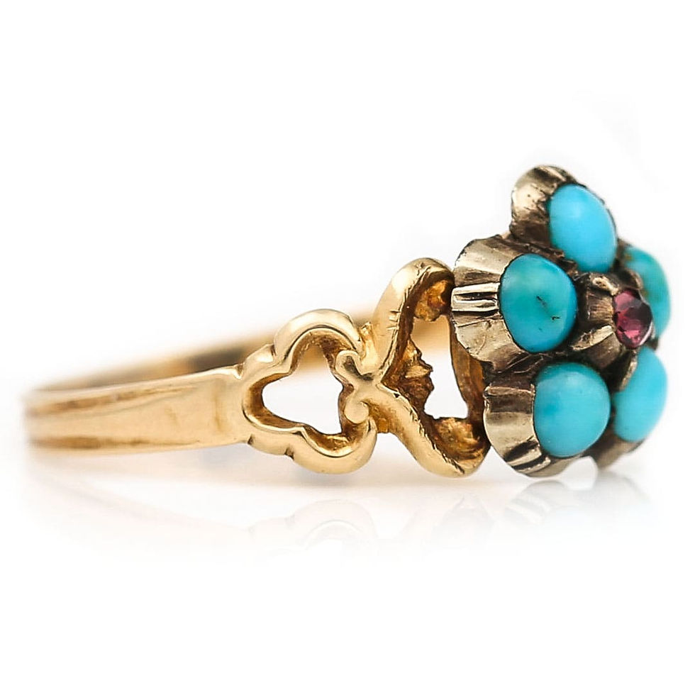 Thumbnail: Georgian 15ct Gold, Turquoise and Garnet Forget me Not Ring, Circa 1830
