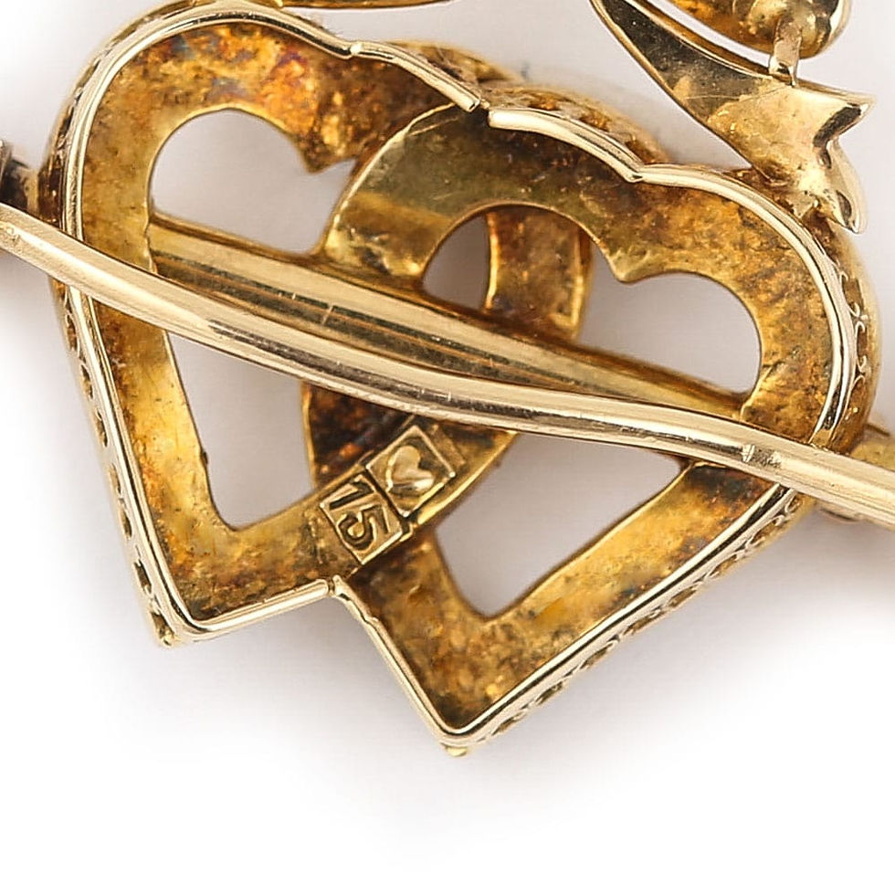 Thumbnail: Victorian 15 Karat Gold Pearl Dual Sweet Heart, Ruby Key and Diamond Bow Brooch