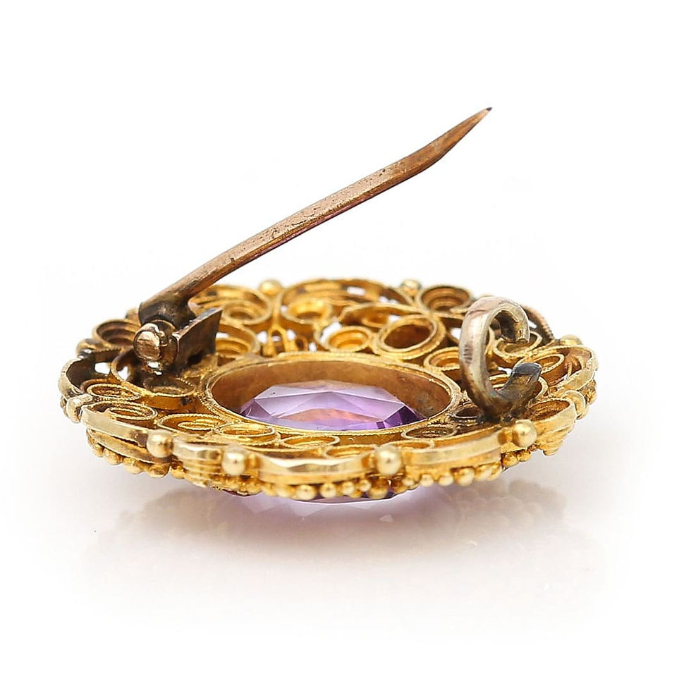 Thumbnail: Georgian 18ct Gold Amethyst and Ruby Canetille Brooch, Circa 1830