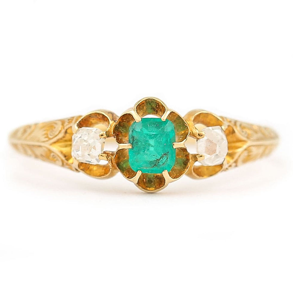 Thumbnail: Victorian 18ct Yellow Gold Emerald and Diamond Three Stone Ring, Circa 1900