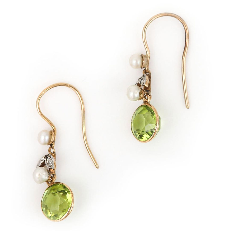 Thumbnail: Edwardian Peridot, Rose Cut Diamond and Pearl Drop Earrings, Circa 1910
