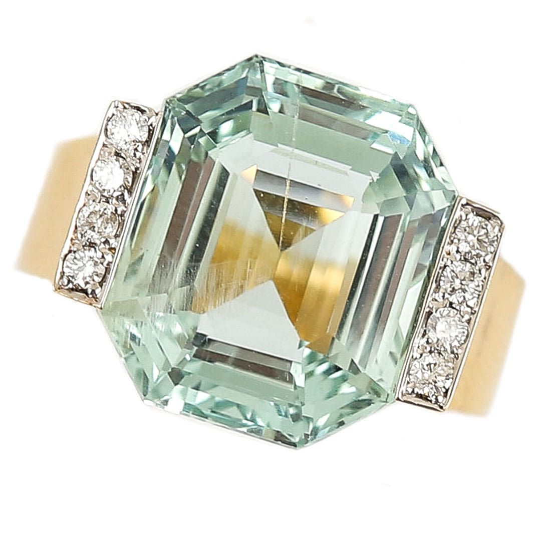Vintage 14ct Gold 11.26ct Aquamarine and Diamond Art Deco Style Ring