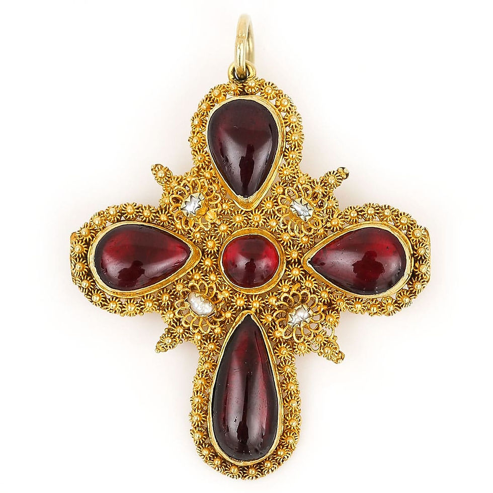 Thumbnail: Georgian 18ct Yellow Gold Garnet Cabochon and Pearl Cross Pendant, Circa 1820