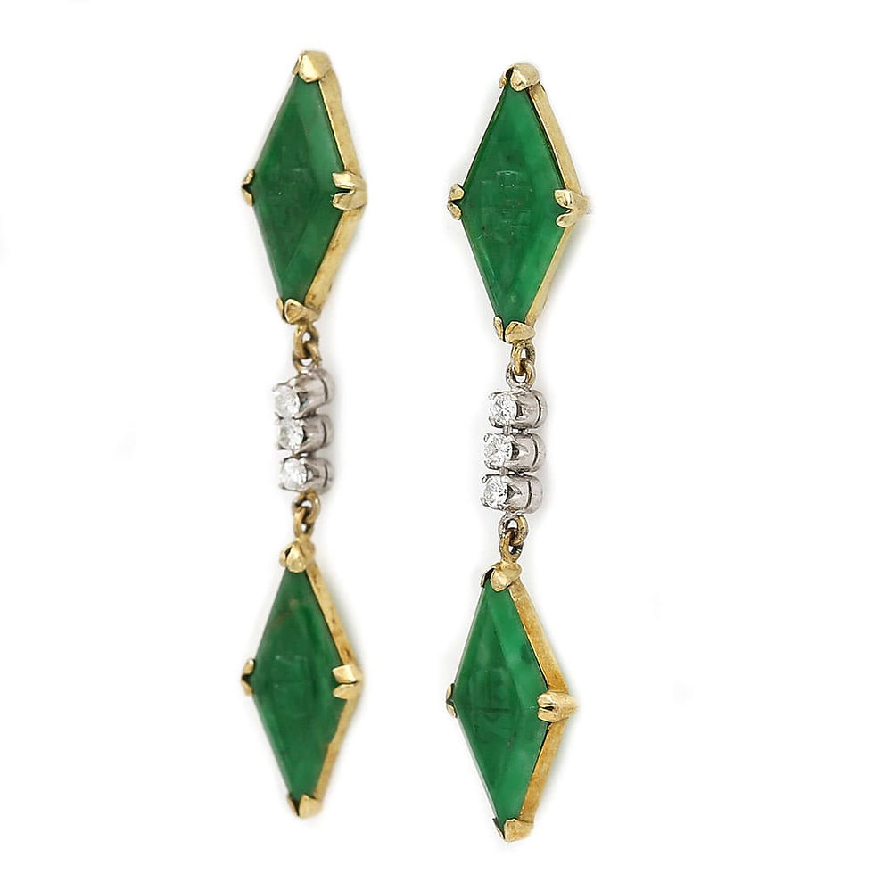 Thumbnail: Vintage 18ct Gold Carved Lozenge Jade and Diamond Drop Earrings, Circa 1970