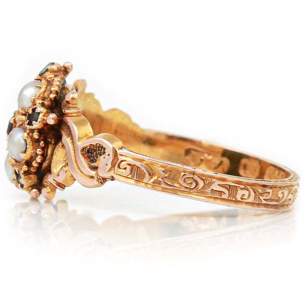 Thumbnail: Victorian 15ct Gold Pink Sapphire, Pearl and Green Beryl Cluster Ring Circa 1866