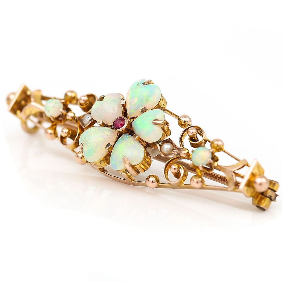 Thumbnail: Edwardian Gold Heart Shaped Opal and Pearl Bar Brooch