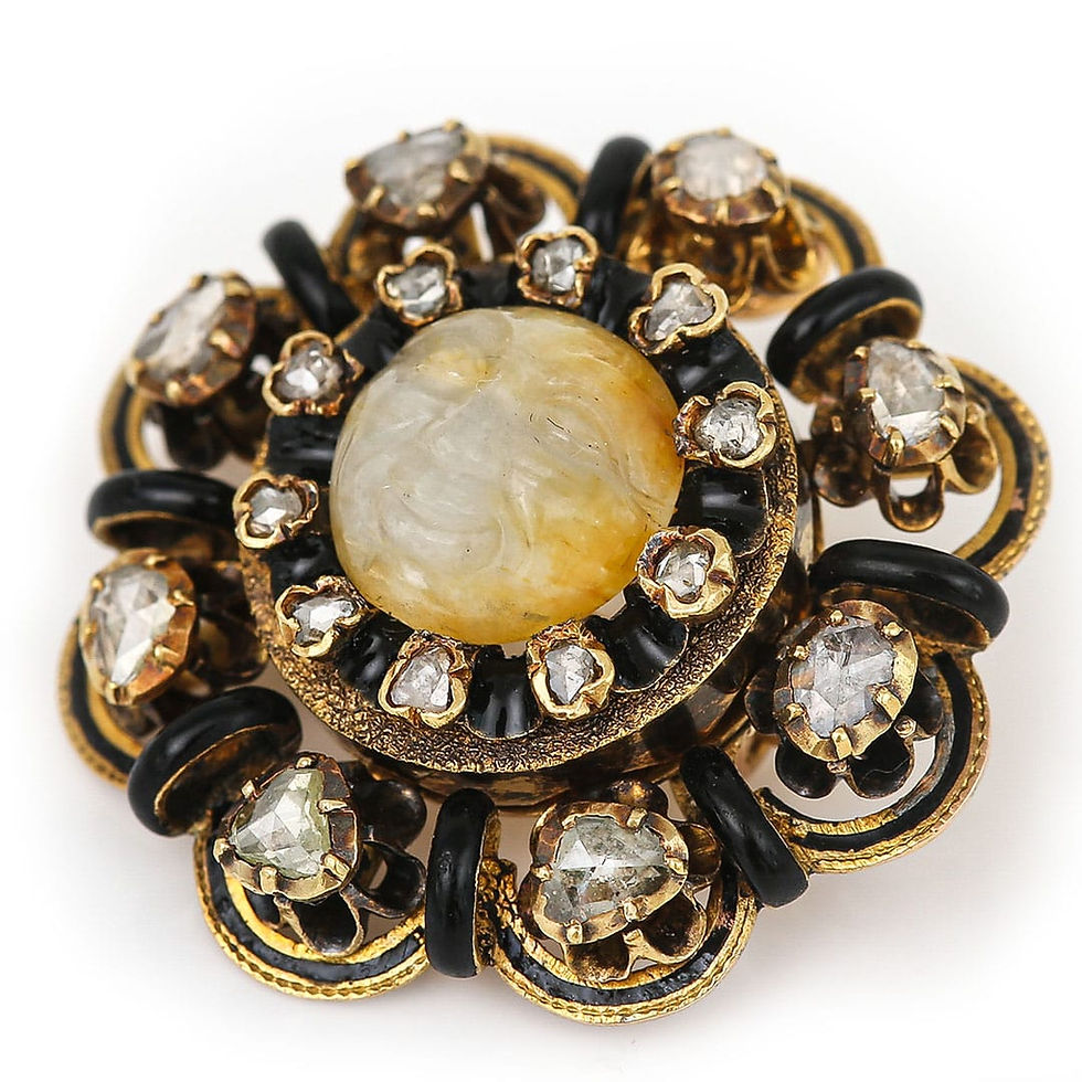 Thumbnail: Victorian 18k Gold Man in the Moon Feldspar & Rose Cut Diamond Brooch Circa 1850