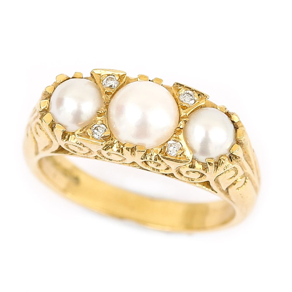 Three Stone Cultured Pearl and Diamond 18 Karat Yellow Gold Trilogy Ring