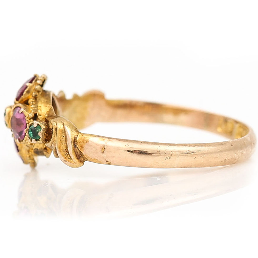 Thumbnail: Victorian 15ct Gold Emerald and Garnet Floral Cluster Ring