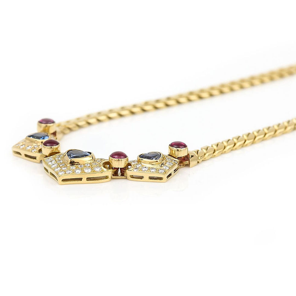 Thumbnail: Contemporary 18ct Gold Heart Sapphire, Ruby and Diamond Curb Link Necklace