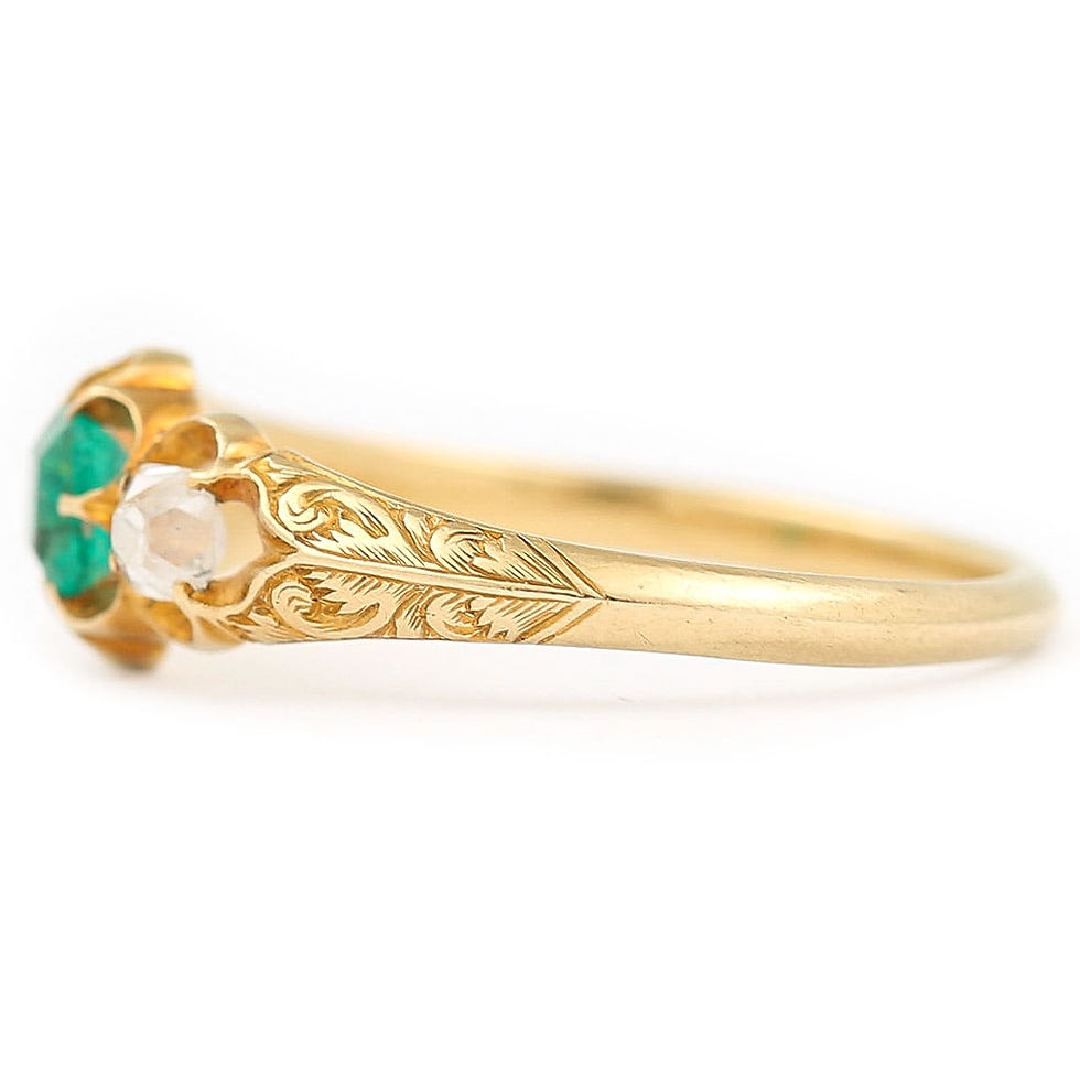 Thumbnail: Victorian 18ct Yellow Gold Emerald and Diamond Three Stone Ring, Circa 1900